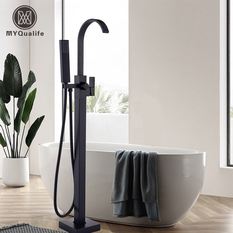 Luxury Matte Black Bathtub Faucet Freestanding Bathroom Tub 6 Types Spout Floor Mounted Bath Shower