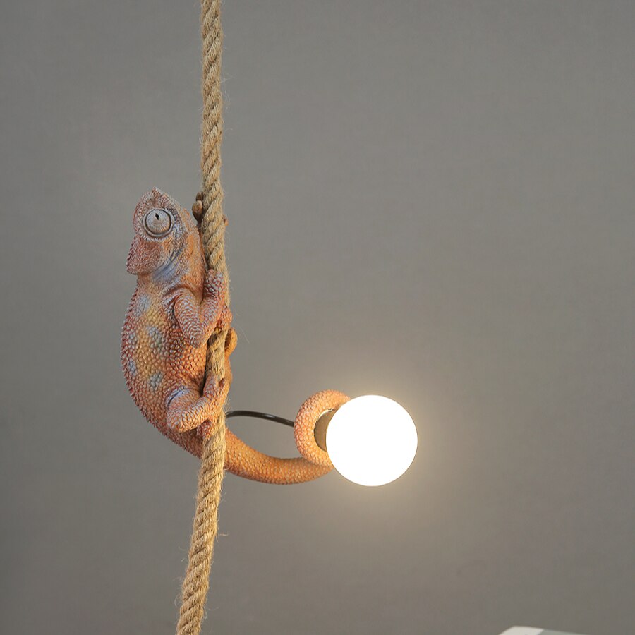Artistic Resin Chameleon Pendant Light - White Hemp Rope Lamp For Living Room Study Unique Led