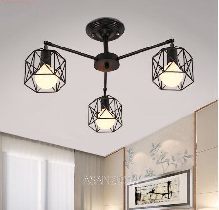American Black Dendron Iron Cage Ceiling Lamp Kitchen Bedroom Living Room Modern Chandelier