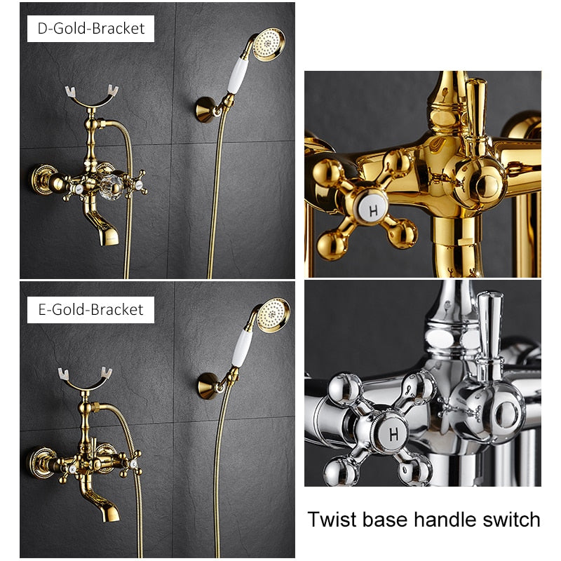 Luxury Crystal Handle Bathtub Gold Brass Faucet With Hand Shower Telephone Type Bath Faucets Sets