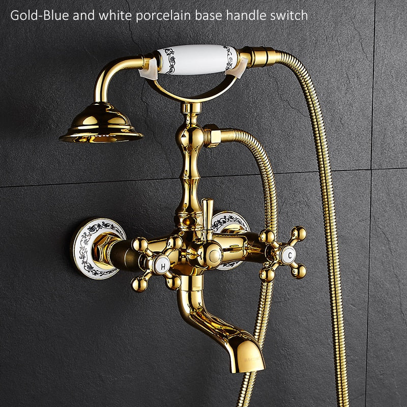Luxury Crystal Handle Bathtub Gold Brass Faucet With Hand Shower Telephone Type Bath Faucets Sets