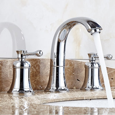 Bathroom Gold Lavatory Widespread Faucet Hot And Cold Three Holes Sink Mixer 8 Inch Sink Gold