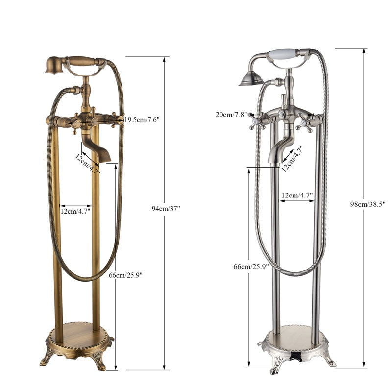 Gold Bathtub Shower Faucet Deck Mount Dual Tube Hot Cold Mixer Systems With Rainfall Handheld Floor