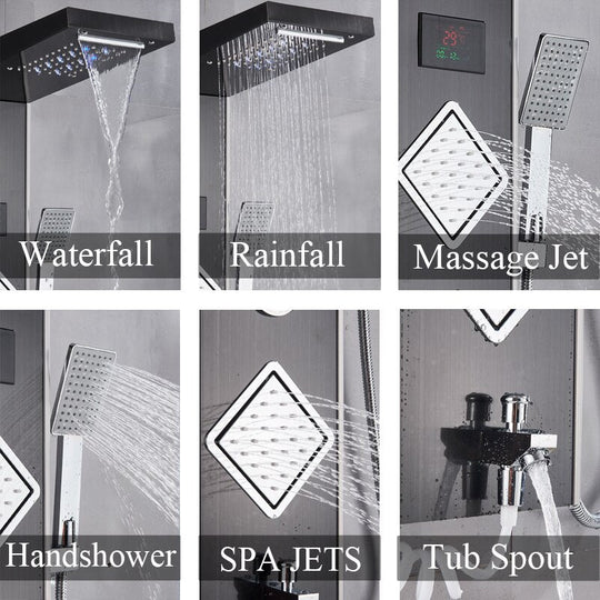 Luxury Brushed Nickle Bathroom Shower Faucet Led Panel Column Bathtub Mixer Tap W/Hand Temperature