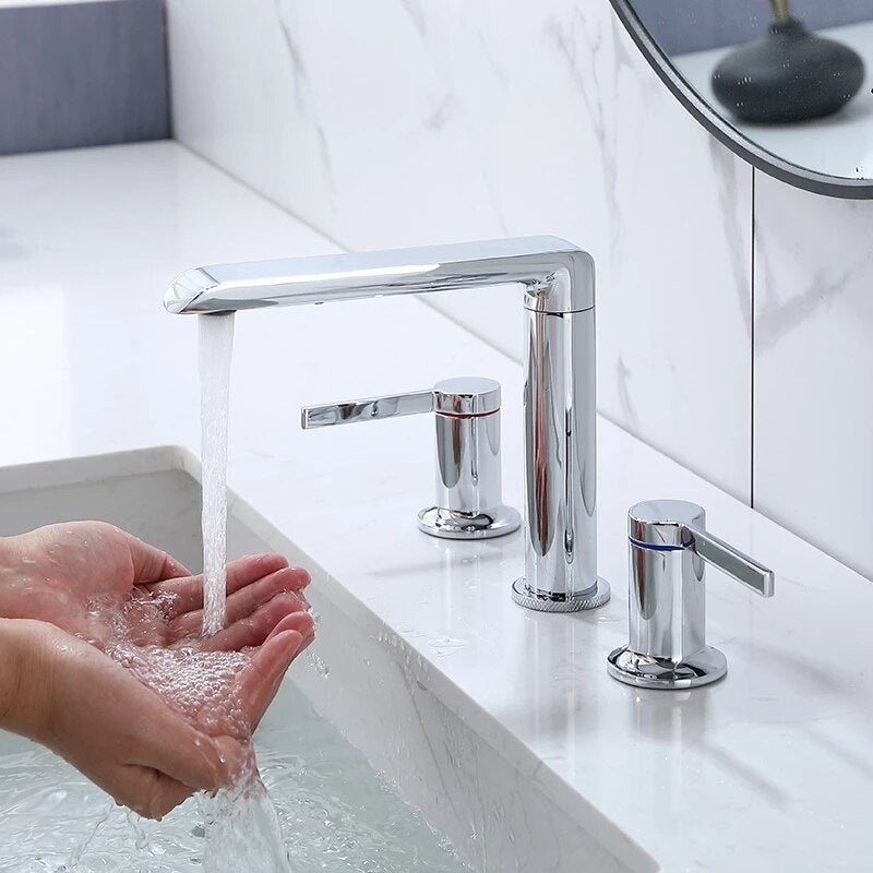 Brushed Gold Bathroom Widespread Basin Faucets Soild Brass Sink Mixer Hot & Cold Lavatory Crane