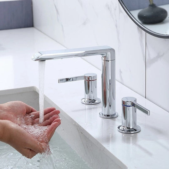 Brushed Gold Bathroom Widespread Basin Faucets Soild Brass Sink Mixer Hot & Cold Lavatory Crane