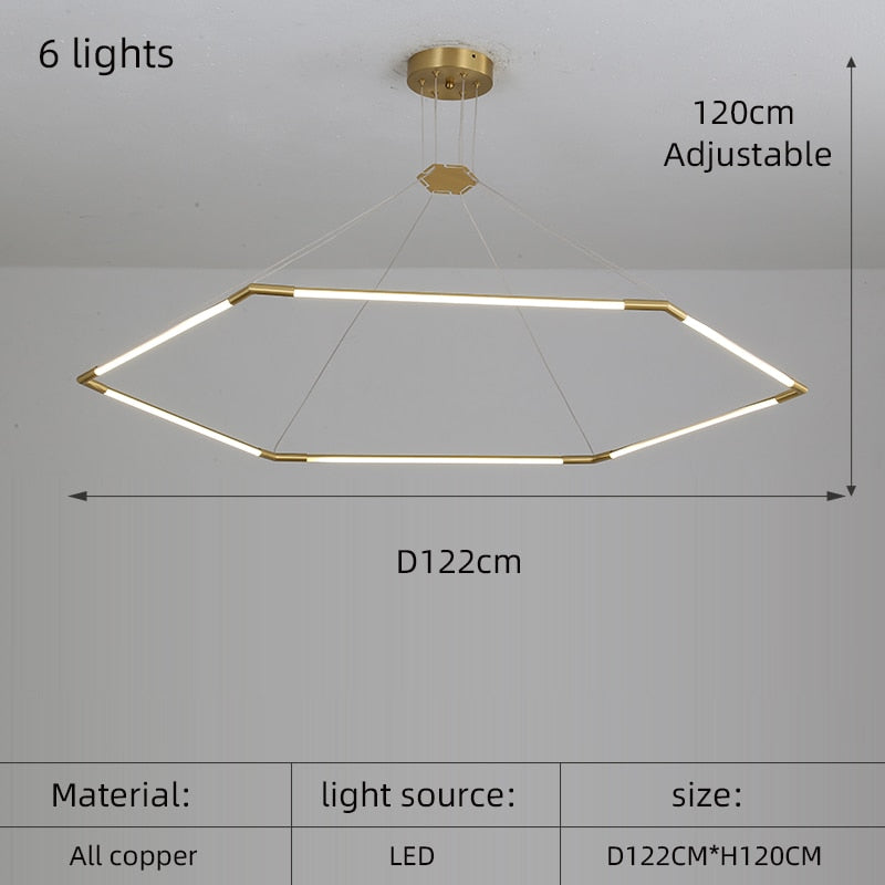 Modern Simple Copper Led Long Chandelier Restaurant Coffee Shop Front Desk Office Creative