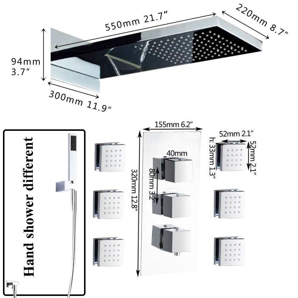 Wall Mount Thermostatic Bathroom Rain Waterfall Shower Faucets Chrome Set Bathtub Mixer Faucet Tap
