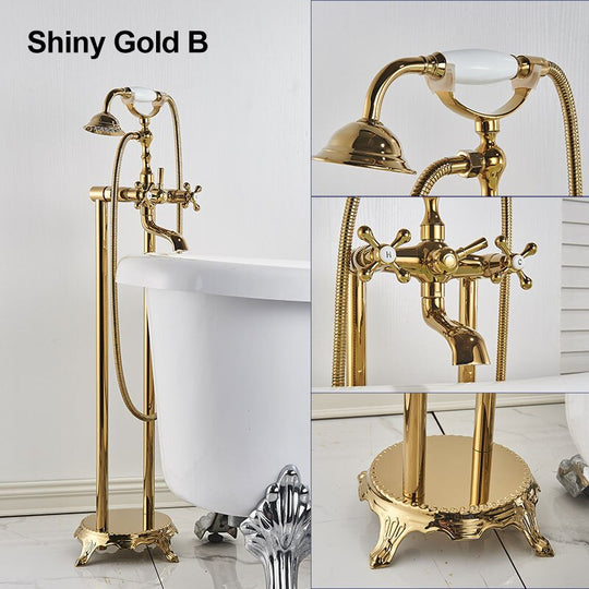Gold Bathtub Shower Faucet Deck Mount Dual Tube Hot Cold Mixer Systems With Rainfall Handheld Floor
