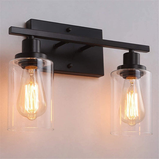 2 - Light Bathroom Vanity Light Fixtures Vintage Industrial Metal Glass Sconces Matte Black Wall
