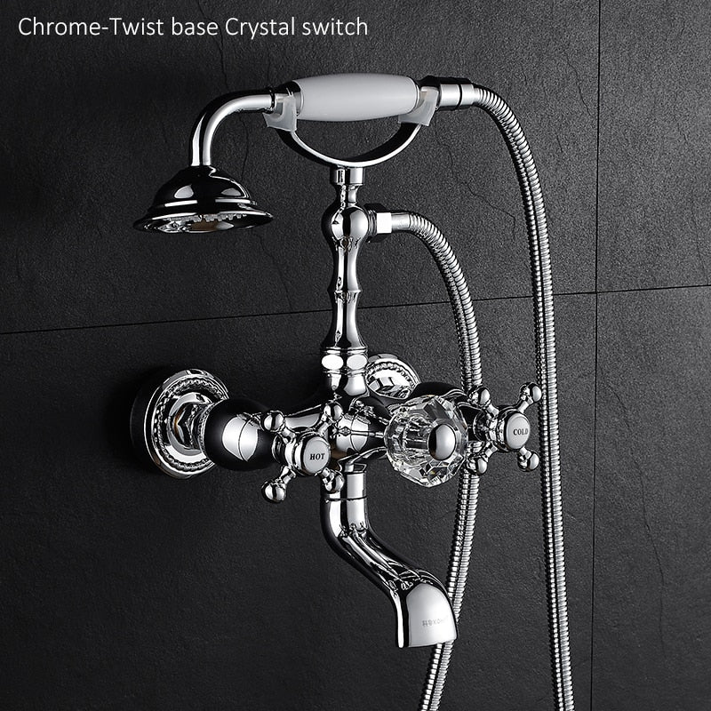 Luxury Crystal Handle Bathtub Gold Brass Faucet With Hand Shower Telephone Type Bath Faucets Sets