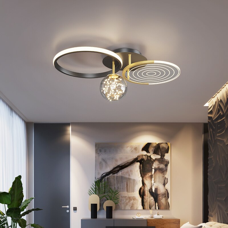 Modern Simple Black Gold Round Led Chandelier Minimalist Decor Living Room Lamp Lighting Ceiling