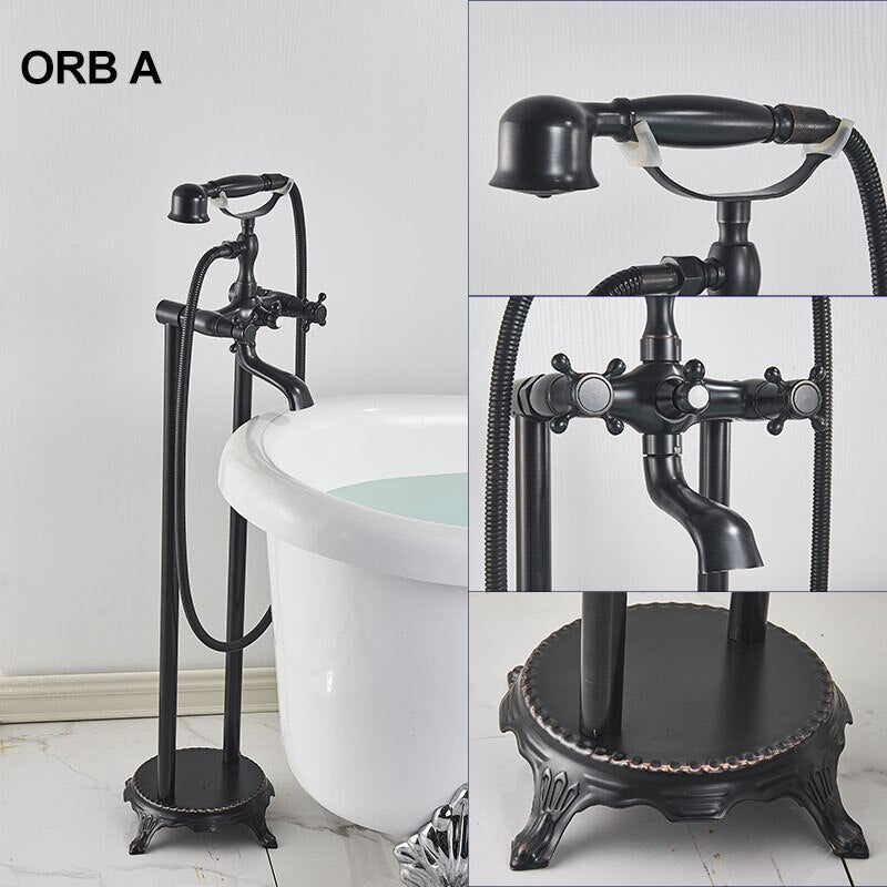 Gold Bathtub Shower Faucet Deck Mount Dual Tube Hot Cold Mixer Systems With Rainfall Handheld Floor