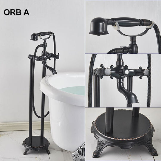 Gold Bathtub Shower Faucet Deck Mount Dual Tube Hot Cold Mixer Systems With Rainfall Handheld Floor