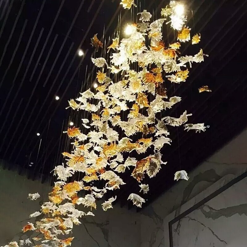 Murano Glass Maple Leaf Chandelier Lamps Art High Ceiling Light Large Lobby Hotel Restaurant