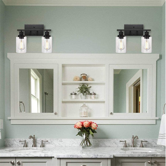 2 - Light Bathroom Vanity Light Fixtures Vintage Industrial Metal Glass Sconces Matte Black Wall