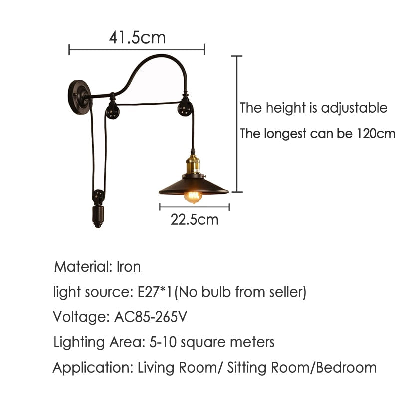 Vintage Retro Loft Wall Lamp Adjustable Iron Lifting Pulley Bedroom Study Office Restaurant Cafe