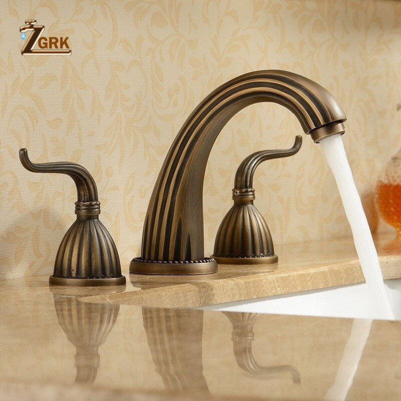 Antique Brass Finished Bathroom Bathtub Faucet Double Handles 3 Pcs Basin Mixer Tap Gold Sink