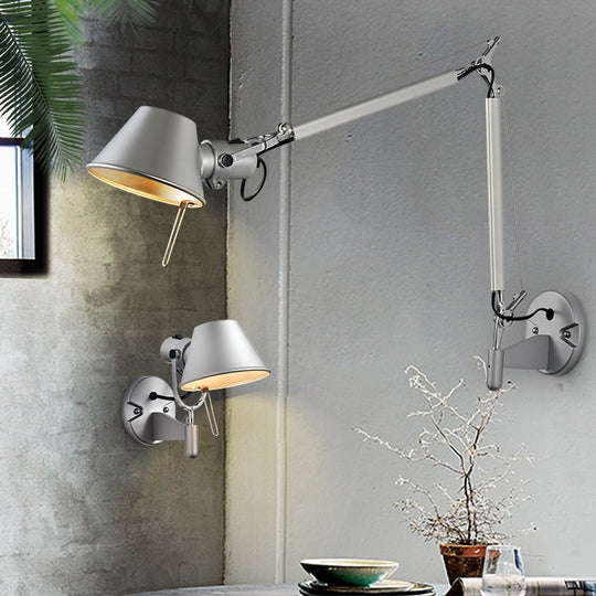 American Industrial Wall Light Black Silver E27 Rotatable Long Arm Lamp With Switch For Bedside