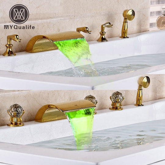 Deck Mounted Waterfall 5Pcs Bath Tub Faucet Mixers Widespread With Led Light Bathtub Handshower