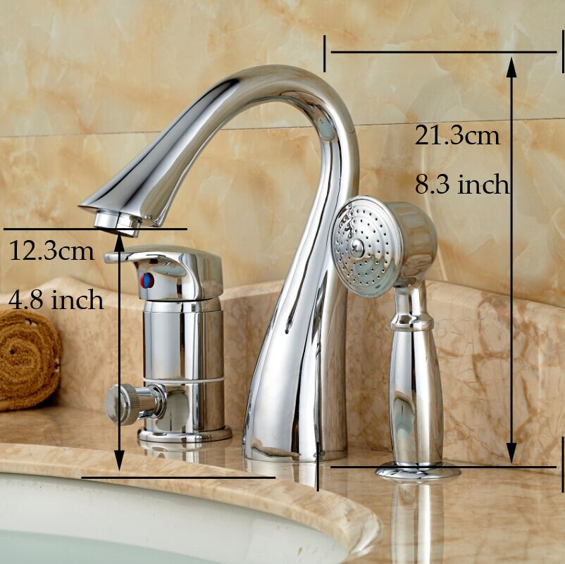Deck Mounted Widespread 3Pc Bathroom Bath Tub Mixer Faucet Brass Handshower Goose Neck Spout Taps