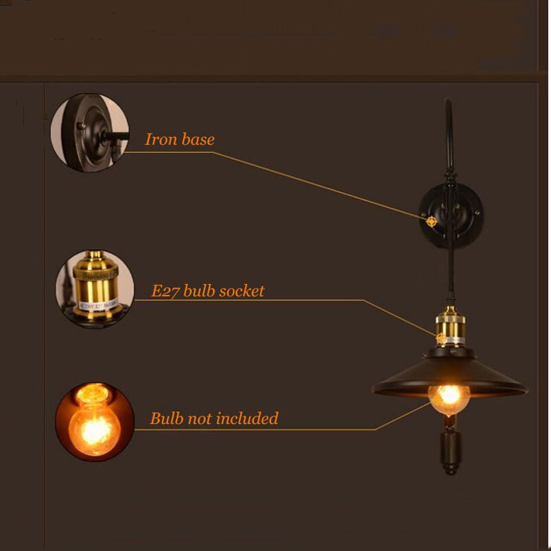 Vintage Retro Loft Wall Lamp Adjustable Iron Lifting Pulley Bedroom Study Office Restaurant Cafe