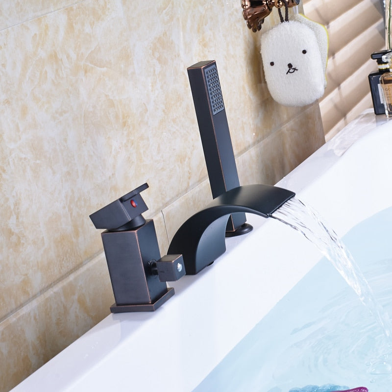 Deck Mounted 3Pc Waterfall Bathroom Tub Mixer Faucet Single Lever With Handshower Bathtub Hot And