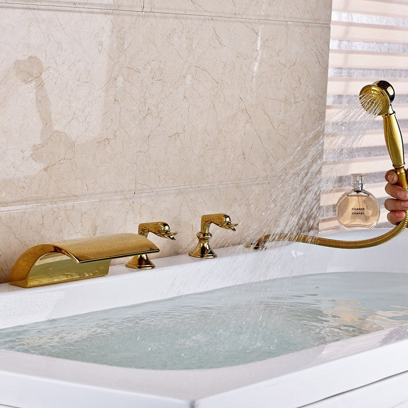 Deck Mounted Waterfall 5Pcs Bath Tub Faucet Mixers Widespread With Led Light Bathtub Handshower
