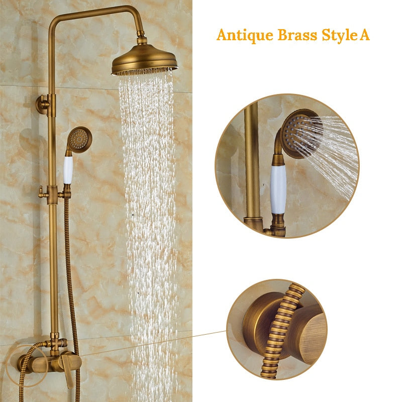 Wall Mounted Antique Brass Shower Set 8 Inch Round Rainfall Head Wide Tub Spout Hand Sprayer Mixer
