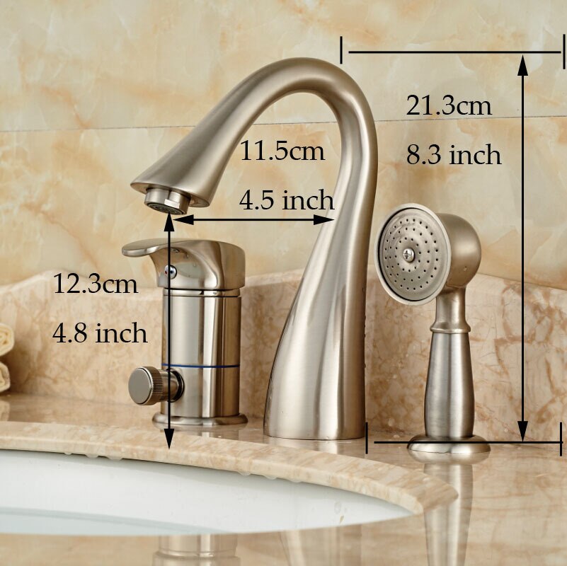 Deck Mounted Widespread 3Pc Bathroom Bath Tub Mixer Faucet Brass Handshower Goose Neck Spout Taps