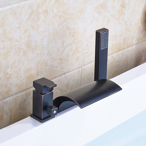 Deck Mounted 3Pc Waterfall Bathroom Tub Mixer Faucet Single Lever With Handshower Bathtub Hot And