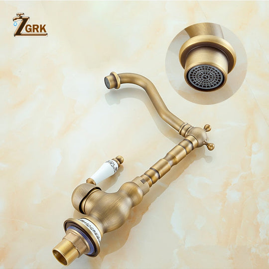 Antique Brass Faucet Bathroom Single Handle Sink Mixer Taps Hot And Cold Water Rotatable For Basin
