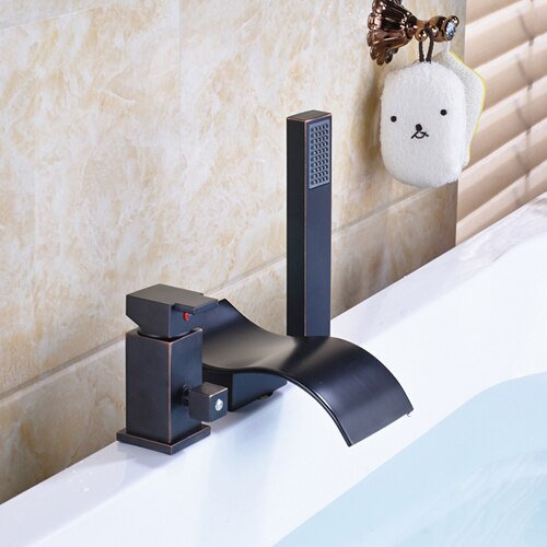 Deck Mounted 3Pc Waterfall Bathroom Tub Mixer Faucet Single Lever With Handshower Bathtub Hot And