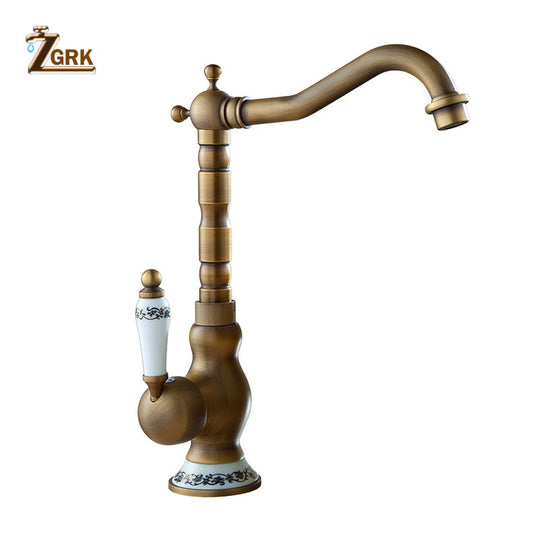 Antique Brass Faucet Bathroom Single Handle Sink Mixer Taps Hot And Cold Water Rotatable For Basin