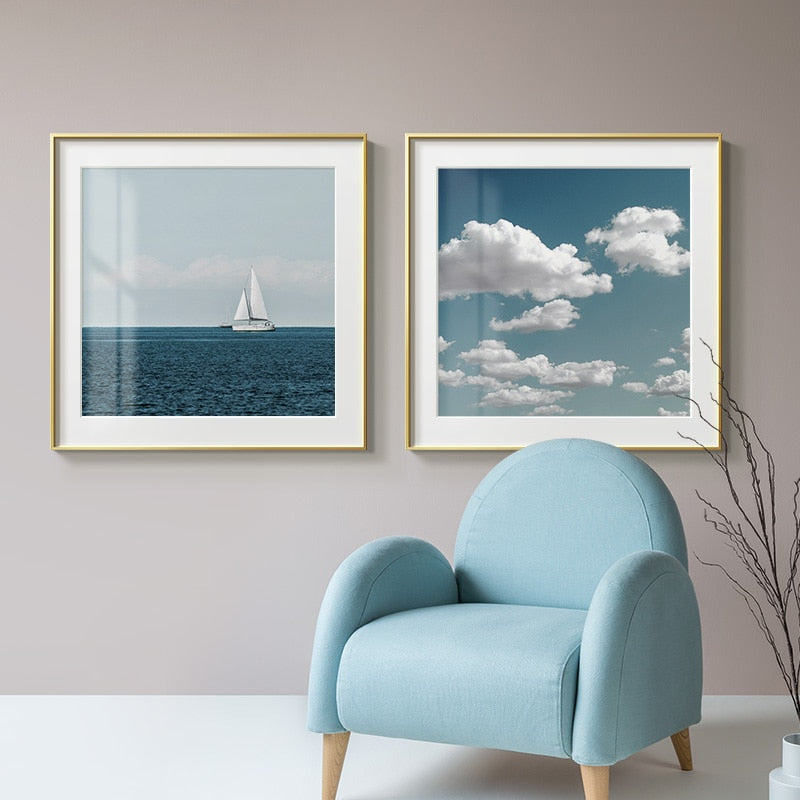 Nordic Blue Sky Sea Lighthouse And Clouds Canvas Art Poster Wall Painting