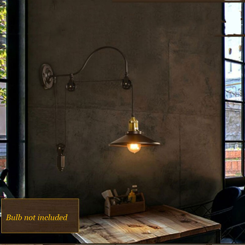 Vintage Retro Loft Wall Lamp Adjustable Iron Lifting Pulley Bedroom Study Office Restaurant Cafe