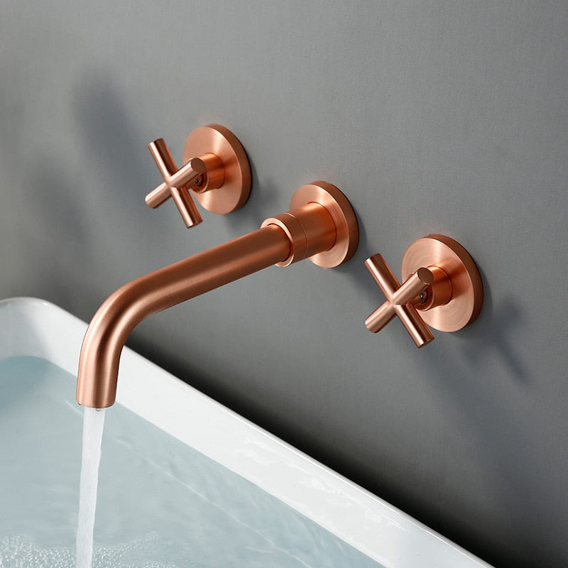 Modern Brushed Rose Gold Brass Double Cross Handle Bath Wall Mounted 3 Hole Water Bathroom Home