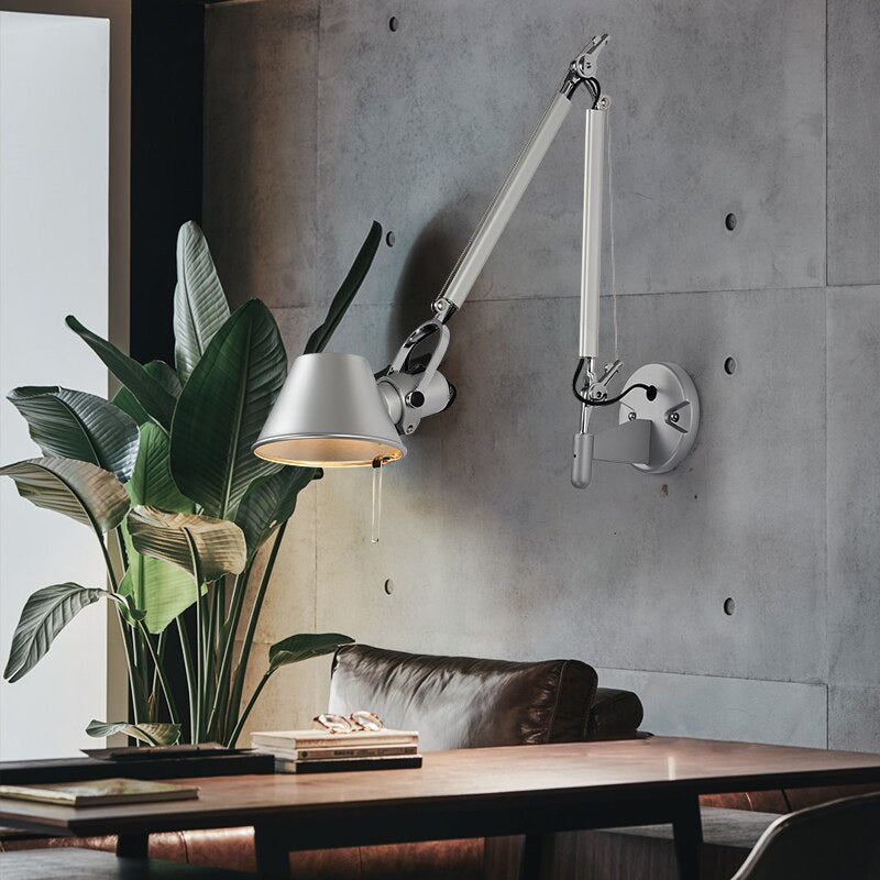 American Industrial Wall Light Black Silver E27 Rotatable Long Arm Lamp With Switch For Bedside