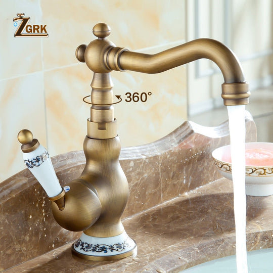 Antique Brass Faucet Bathroom Single Handle Sink Mixer Taps Hot And Cold Water Rotatable For Basin
