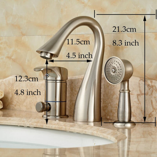 Deck Mounted Widespread 3Pc Bathroom Bath Tub Mixer Faucet Brass Handshower Goose Neck Spout Taps