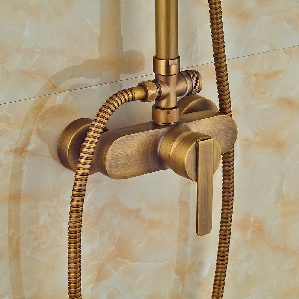 Wall Mounted Antique Brass Shower Set 8 Inch Round Rainfall Head Wide Tub Spout Hand Sprayer Mixer