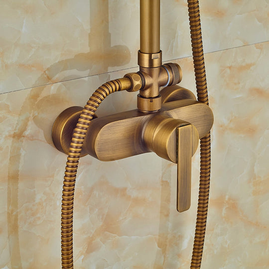 Wall Mounted Antique Brass Shower Set 8 Inch Round Rainfall Head Wide Tub Spout Hand Sprayer Mixer