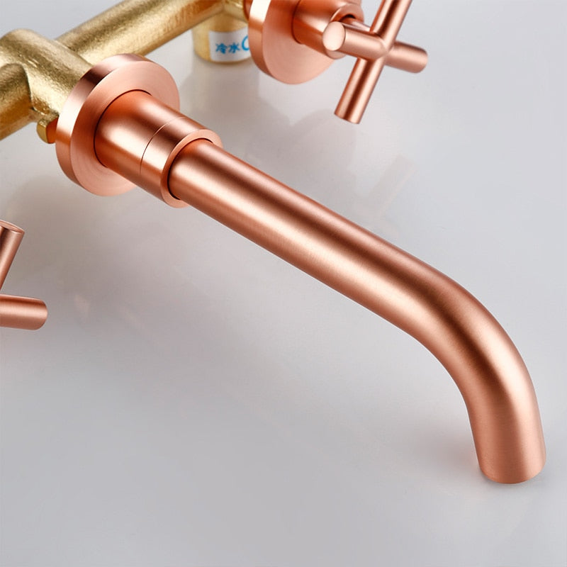 Modern Brushed Rose Gold Brass Double Cross Handle Bath Wall Mounted 3 Hole Water Bathroom Home