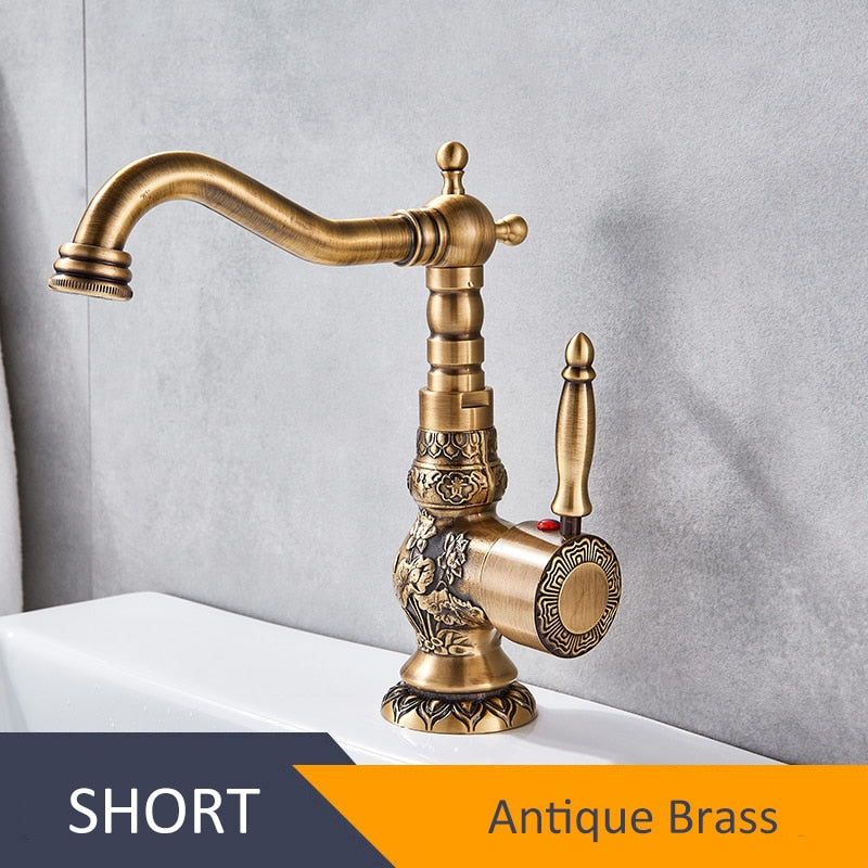 Antique Brass Bathroom Basin Carved Faucet Long Nose Spout Wash Sink Tap 360 Rotation Single Handle