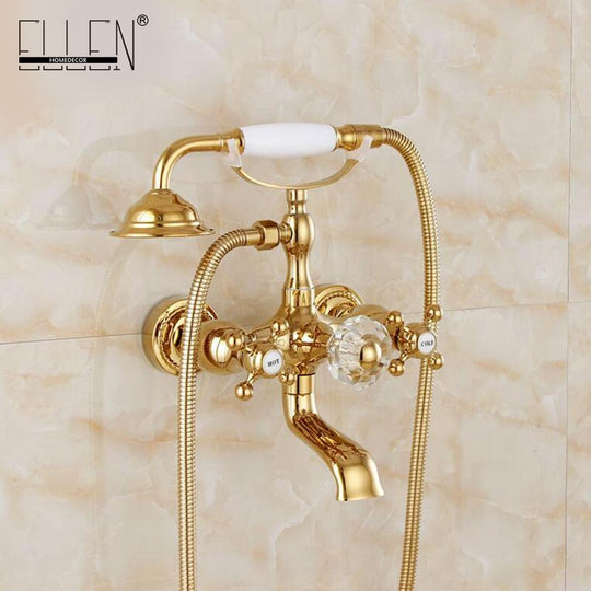 Luxury Crystal Handle Bathtub Gold Brass Faucet With Hand Shower Telephone Type Bath Faucets Sets