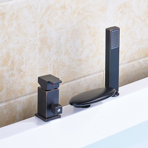 Deck Mounted 3Pc Waterfall Bathroom Tub Mixer Faucet Single Lever With Handshower Bathtub Hot And