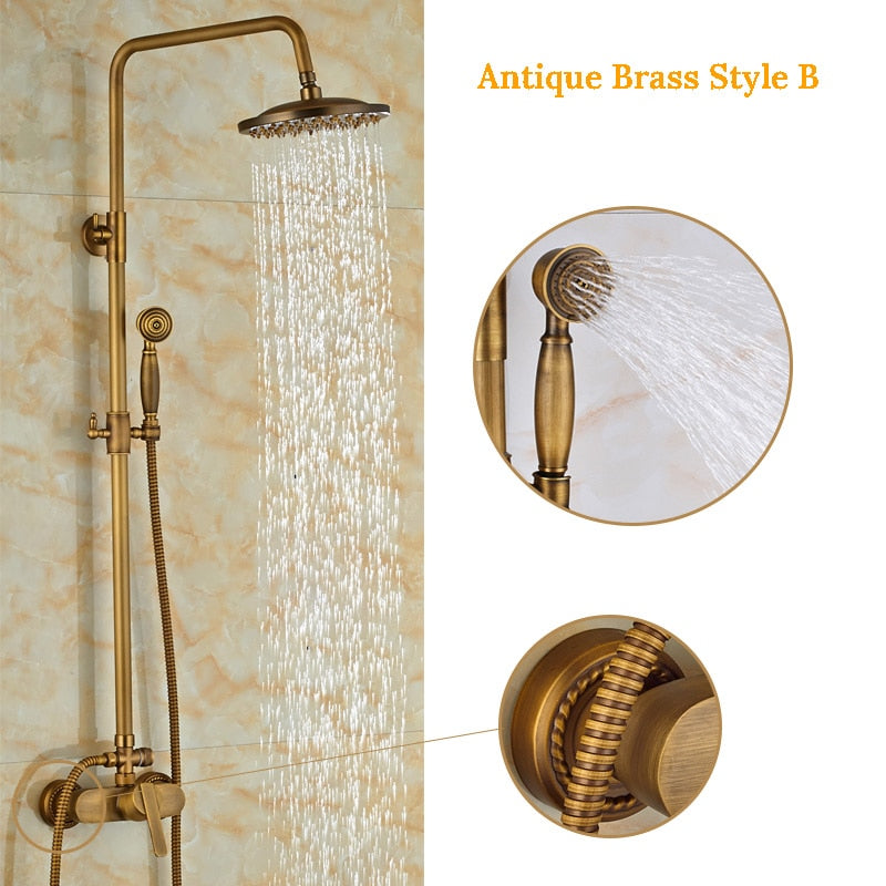 Wall Mounted Antique Brass Shower Set 8 Inch Round Rainfall Head Wide Tub Spout Hand Sprayer Mixer
