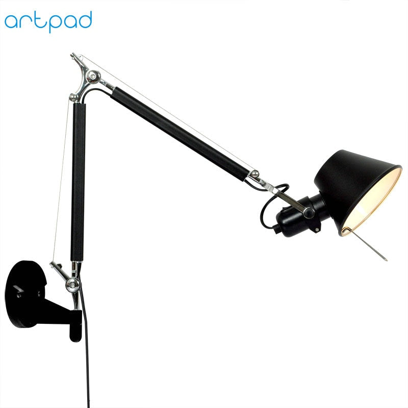 American Industrial Wall Light Black Silver E27 Rotatable Long Arm Lamp With Switch For Bedside