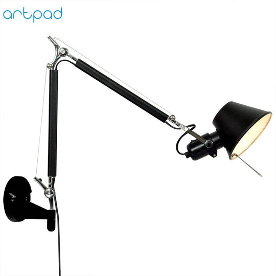 American Industrial Wall Light Black Silver E27 Rotatable Long Arm Lamp With Switch For Bedside