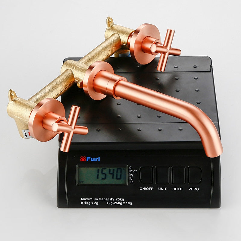 Modern Brushed Rose Gold Brass Double Cross Handle Bath Wall Mounted 3 Hole Water Bathroom Home